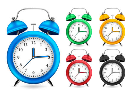 Alarm Clock 3D Realistic Set Design with Different Color Variations Like Blue, Green, Yellow, Red, and Black in White Isolated Background. Vector Illustrationのイラスト素材