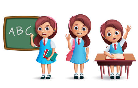 School girl vector character set. Student kid wearing school uniform with various postures like standing in chalkboard and studying in desk for back to school and education design. 3D realistic vector illustration.のイラスト素材