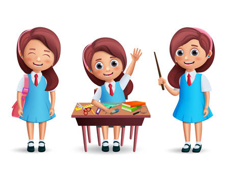 School girl student vector character set. Back to school kid wearing uniform with various postures like standing and studying in desk isolated in white. 3D realistic vector illustration.