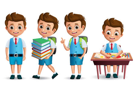 School boy vector character set. Back to school student wearing uniform in standing posture and drawing in desk. 3D realistic vector illustration.