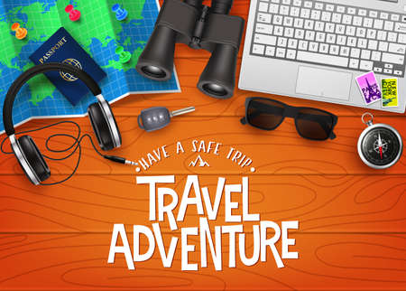 Travel Adventure 3D Realistic Banner Top View with Travelling Items like Map, Passport, Binoculars, Laptop, Headset, Sunglasses, Car Key and Compass in Top of Brown Wood Planks. Vector Illustrationのイラスト素材