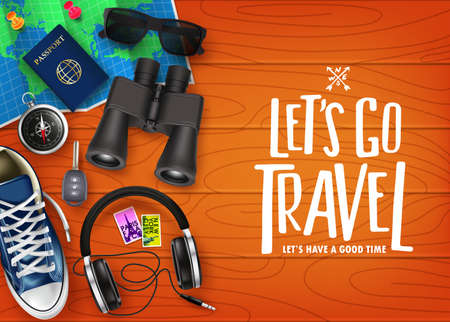 Let's Go Travel 3D Realistic Banner Top View with Travelling Items like Map, Passport, Binoculars, Sneaker, Headset, Sunglasses, Car Key and Compass in Top of Brown Wooden Table. Vector Illustrationのイラスト素材