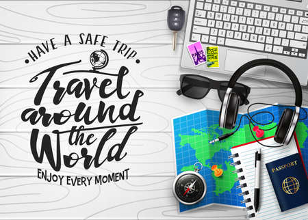 Travel Around the World 3D Realistic Banner Top View Travel Scene Generator in top of White Wood Plank Table  with Travelling Items like Laptop, Car Key, Sunglasses, Headset, Map, Compass, Passport, Pen and Notebook. Vector Illustrationのイラスト素材