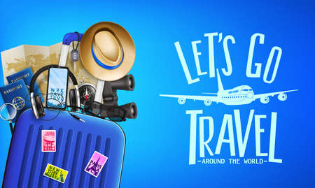 3D Realistic Travel Banner Front View with Let's Go Travel Around the World Message and Travelling Items such as Luggage Bag,  Binoculars, Map, Magnifying Glass, Sunglasses, Car Key, Headset, Passport, Hat, and Mobile Phone. Vector Illustrationのイラスト素材