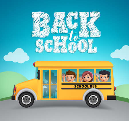 Back to school vector design. School bus and back to school text with happy kids students riding outdoor.  Vector illustration.のイラスト素材