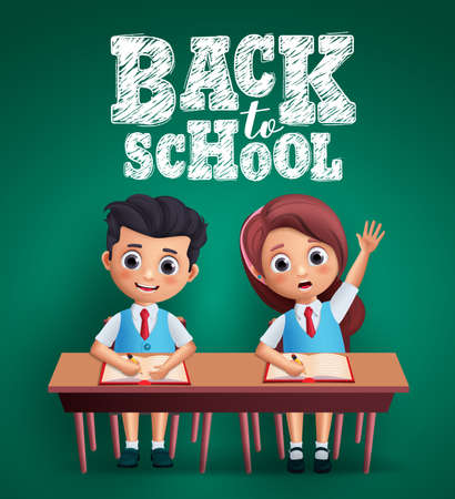 Back to School kids vector design. Boy and girl students sitting on the desk studying lessons and wearing uniform with back to school text in blackboard background. Vector illustrationのイラスト素材