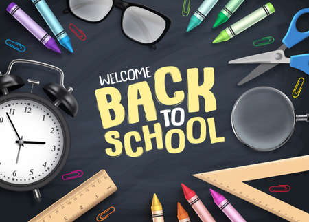 Back to school vector background. Colorful school supplies and educational items with back to school text in empty space blackboard background. Vector illustration.のイラスト素材