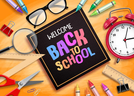 Welcome back to school vector banner design with school supplies, educational items and black frame for greeting text in textured orange background. Vector illustration.のイラスト素材