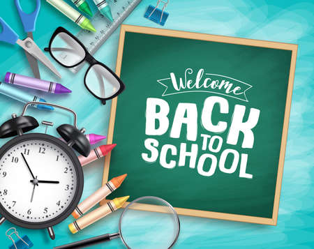 Back to school vector background template. Welcome back to school greeting text in chalkboard and school elements in textured blue background. Vector illustration.のイラスト素材