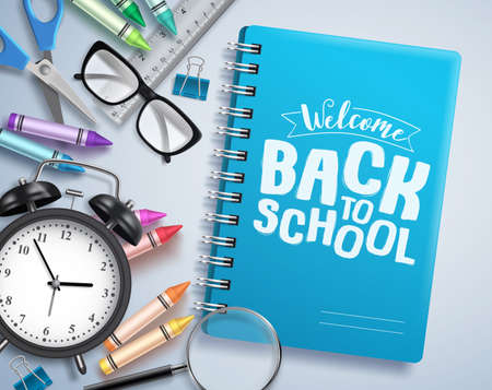 Back to school vector design with welcome back to school greeting text written in notebook with school items and education elements in white background. Vector illustration.のイラスト素材