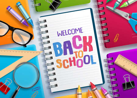 Back to school vector concept with colorful notebooks and welcome back to school text written in white paper and school elements. Vector illustration.のイラスト素材