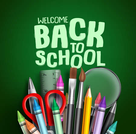Back to school vector banner design. Welcome back to school greeting text with colorful school items and other educational elements in green background. Vector illustration.のイラスト素材