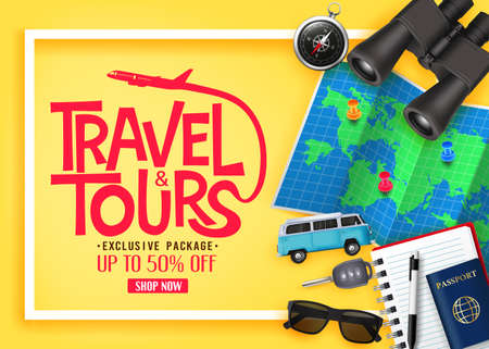 Travel and Tours Ads Banner Up To 50% Off Exclusive Package with Vector 3D Realistic Traveling Item Elements in Yellow Background. For Promotional Purposesのイラスト素材