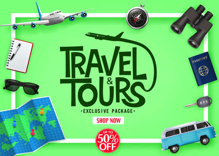 Travel and Tours Exclusive Package Up To 50% Off with Vector 3D Realistic Traveling Item Elements in Green Background Ads Banner. For Promotional Purposesのイラスト素材
