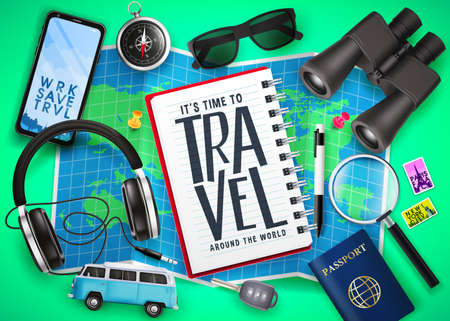 Travel Text in Notebook on Top of Map with 3D Realistic  Traveling Item Elements Like Passport, Compass, Phone, Binoculars and Key in Green Background. Vector Illustrationのイラスト素材