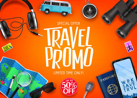 Travel Promo Ads Banner Up To 50% Off Special Offer with Vector 3D Realistic Traveling Item Elements in Orange Background. For Promotional Purposesのイラスト素材