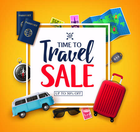 Time To Travel Ads Banner Up To 50% Off  in White Space for Text with Vector 3D Realistic Traveling Item Elements in Yellow Background. For Promotional Purposesのイラスト素材