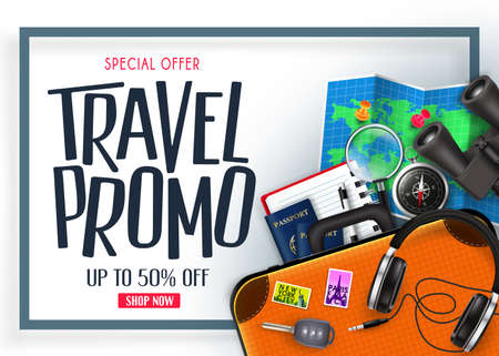 Travel Promo Banner Special Offer Up To 50% Off with Blue Frame 3D Realistic Vector Traveling Item Elements in White Isolated Background. For Promotional Purposesのイラスト素材