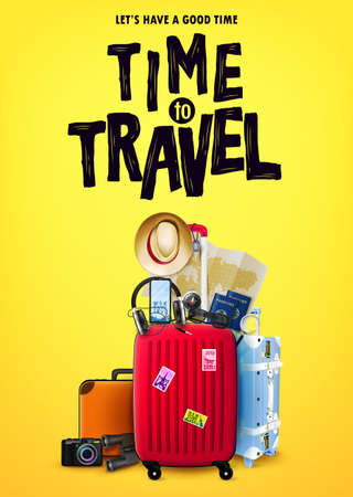 Time to Travel Tourism Poster Concept Front View with Red 3D Traveling Bag and Realistic Travel Item Elements in Yellow Orange Background Design. Vector Illustrationのイラスト素材