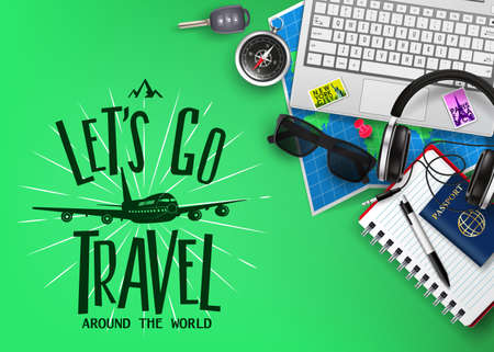 Travel or Tourism Banner with Text Letâs Go Travel 3D Realistic Traveling Item Elements and Gadgets Top View in Green Background. Vector Illustrationのイラスト素材