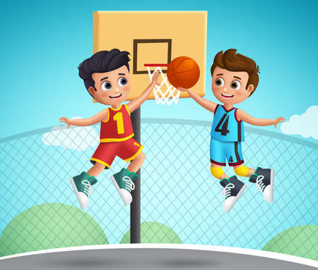 Kids characters playing basketball vector illustration.Young school boys wearing basketball uniform playing  in the court playground. Vector illustration.のイラスト素材