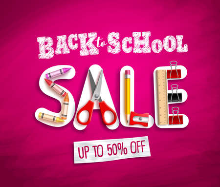 Back to school sale vector banner design with sale discount text and colorful school supplies and elements in pink background. Vector illustration.のイラスト素材
