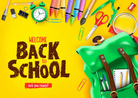 Back to School In Yellow Background Banner with Green Backpack and School Supplies Like Notebook, Pen, Pencil, Colors, Ruler, Magnifying Glass, Eraser, Paper Clip, Sharpener, Alarm Clock and Paint Brush 3D Realistic Design. Vector Illustrationのイラスト素材