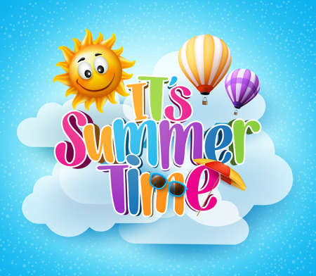 Summer Time Text in the Blue Sky Background with Clouds and Smiling Sun with Flying Balloons. Vector Illustrationのイラスト素材