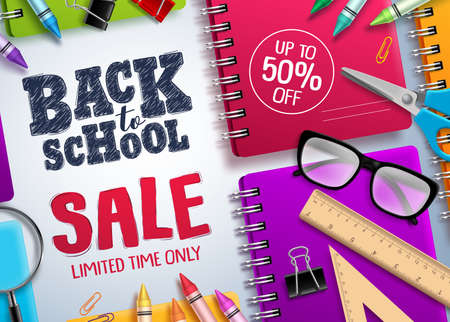 Back to school sale vector banner. Back to school and discount text in white space with colorful school supplies for educational promotion. Vector illustration.のイラスト素材