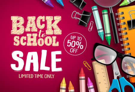Back to school sale banner vector design in red background with school supplies and education elements for store discount promotion. Vector illustrationのイラスト素材