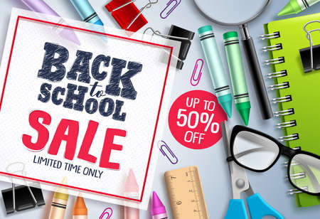 Back to school sale vector banner design. School items and educational elements with sale discount text in white frame. Vector illustration.のイラスト素材