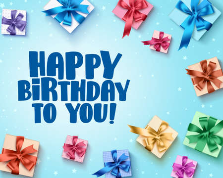 Happy birthday greeting card design with colorful birthday gifts elements and happy birthday text in blue background. Vector illustrationのイラスト素材