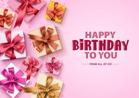 Happy birthday gift boxes background. Birthday greeting card with colorful boxes of gifts and ribbons for party and celebration in pink background. Vector illustration.のイラスト素材