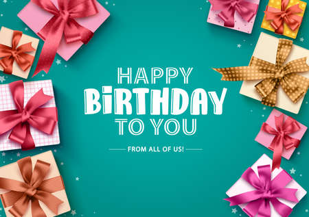 Happy birthday gift boxes vector background. Birthday greeting card with colorful gift boxes, ribbons and greeting text in empty space for party and celebration. Vector illustration.のイラスト素材