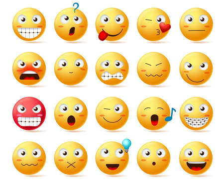 Emoji vector icon set. Smiley face or yellow emoticons with various facial expression like angry face, smiling teeth and confused isolated in white background. Vector illustration.のイラスト素材