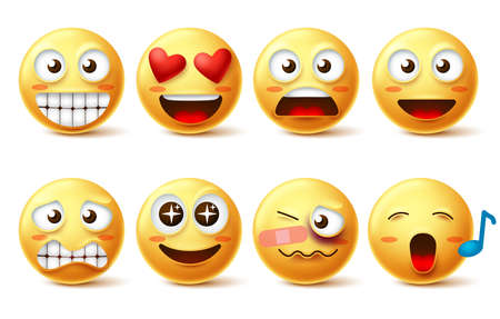 Smiley face vector set. Smileys icons and emoticons with funny, happy, inlove, singing and hurt facial expressions in yellow color isolated in white background. Vector illustration.のイラスト素材