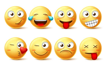 Smiley face vector set. Smileys yellow emoji with happy, funny, kissing, laughing and tired facial expressions isolated in white background for design elements. Vector illustration.のイラスト素材