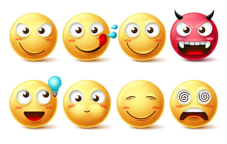 Smileys icon vector set. Smiley faces and emoticons happy, hungry, naughty, thinking, dizzy and evil facial expressions isolated in white background. Vector illustration.のイラスト素材