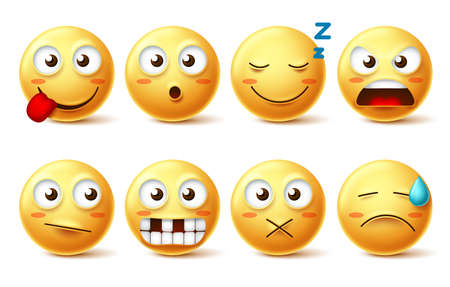 Smileys vector set with funny facial expressions. Smiley face cute emoticons with sleepy, toothless, angry and naughty facial expressions isolated in white background for design elements. Vector illustration.のイラスト素材