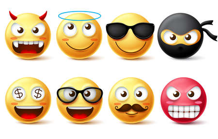 Smileys and emoticons vector character set. Smiley face yellow emoji like demon, angel, ninja, bearded face and wearing sunglasses isolated in white background. Vector illustration.のイラスト素材