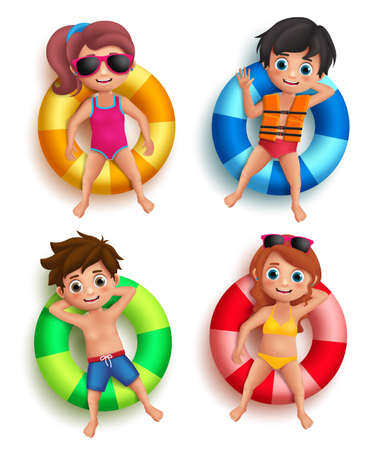 Boys and girls kids vector characters floating with colorful lifebuoy with happy and relax poses wearing beach and swimming attires isolated in white. Vector illustration.のイラスト素材