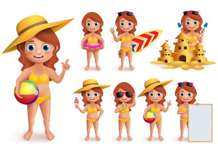 Girl summer kids vector character set. Young girl wearing bikini doing summer beach activities like swimming, eating icecream and playing sand castle isolated in white. Vector illustration.のイラスト素材