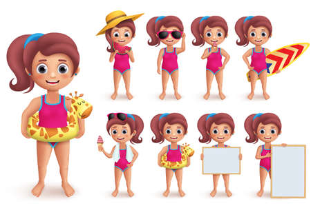 Beach girl vector character set. Summer girl doing outdoor beach activities like swimming, playing, surfing and eating watermelon isolated in white. Vector illustration.のイラスト素材