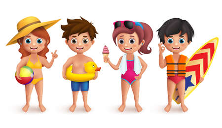 Summer kids vector characters set with boys and girls wearing swimming bikini holding beach ball, lifebuoy, icecream and surfboard isolated in white. Vector illustration.のイラスト素材