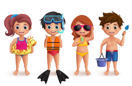 Summer kids vector characters set. Boys and girls playing in beach doing outdoor activities like snorkeling, swimming, playing sand and eating isolated in white. Vector illustration.のイラスト素材