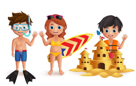 Beach kids vector characters set. Young boys and girl playing sand castle and doing beach activities like snorkeling and surfing isolated in white. Vector illustration.のイラスト素材
