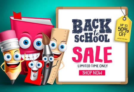 Back to school sale with school vector characters. Education items mascots happy showing whiteboard with sale promotion text. Vector illustration.のイラスト素材