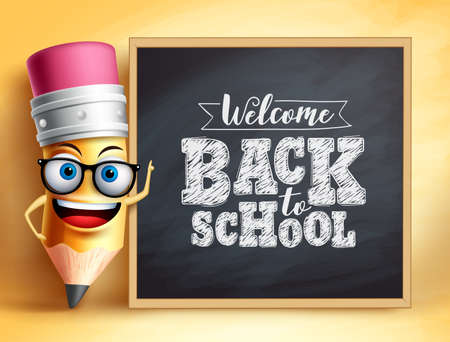 Back to school text with pencil vector character. Pencil mascot wearing teacher's glasses talking in students with chalkboard. Vector illustration.のイラスト素材