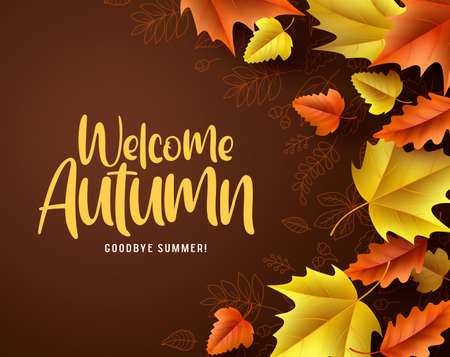Welcome autumn vector background. Autumn season maple and oak leaves with greeting text in empty space background. Vector illustration.のイラスト素材