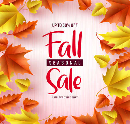 Fall season sale vector banner background. Fall seasonal sale text with colorful maple and oak leaves border in white textured background for autumn marketing promotion. Vector illustration.のイラスト素材